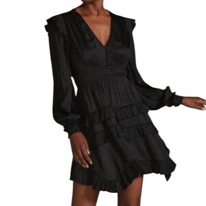 Anthropologie Black Satin Tiered Ruffled Mini Dress  Babydoll Boho size 1X